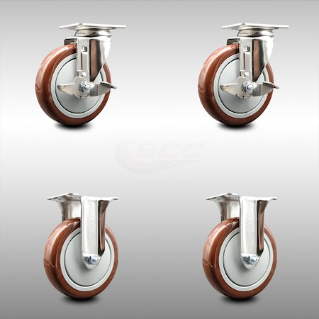Service Caster 5 Inch 316SS Maroon Polyurethane Swivel Top Plate Caster Brake 2 Rigid SCC, 2PK SCC-SS31620S514-PPUB-MRN-TLB-2-R-2